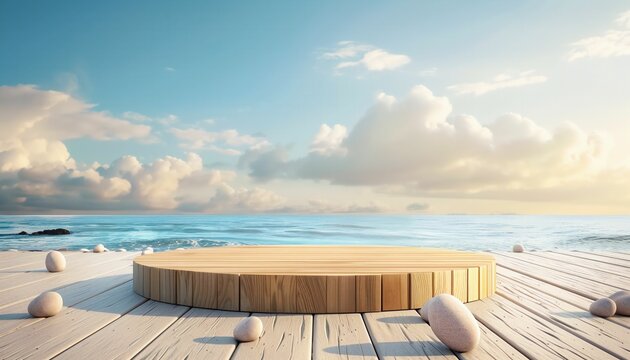 3D wood podium product display platform, summer beach scene. Empty minimal wooden stage design, ocean background, sky clouds.