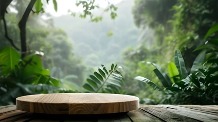 Wooden base podium with blurred rainforest background