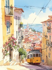 Fototapeta na wymiar Lisbon street with windows and houses and flowers in watercolor style