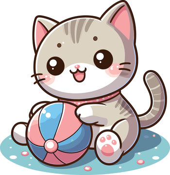 cute cat with play ball cartoon vector on white background
