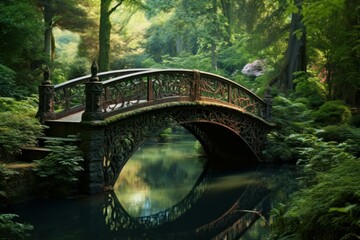 Mystical Oriental forest bridge. Oriental architecture. Generate Ai - obrazy, fototapety, plakaty