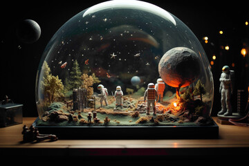 A space-themed diorama featuring miniature rockets, astronauts, and planets, creating a tiny galaxy exploration scene. - obrazy, fototapety, plakaty