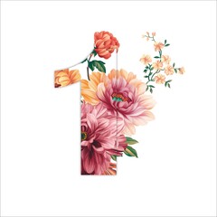 Number one decorated with pretty flowers on a white background