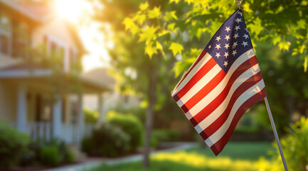 American flag displayed on house corner with blurred background