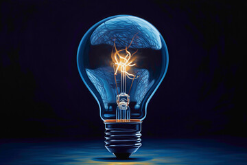 A captivating image of a 3D single creative bulb, its luminosity painting a masterpiece against a profound, dark blue canvas. - obrazy, fototapety, plakaty