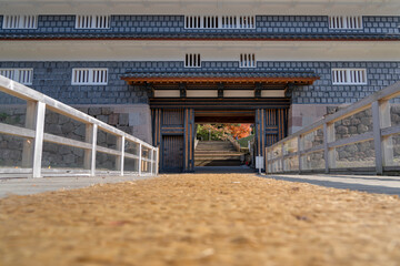 金沢市を代表する観光スポット「金沢城」。その入口の一つが鼠多門。そしてそこの架かる橋が鼠多橋。冬場は滑り止めにむしろが敷かれる。 - obrazy, fototapety, plakaty