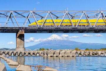 High Speed Bullet Train "Doctor Yellow Shinkansen" and Fuji Mountain, Fuji City, Shizuoka, Japan	