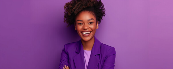 Happy professional Black woman in purple jacket, Energetic and confident business style with bold colors | Generative AI