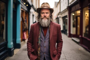 Portrait of a bearded hipster man with long gray beard and mustache in a hat and coat on the streets of London