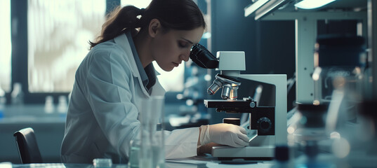 Female medical professional analyzing microscope samples in laboratory office
