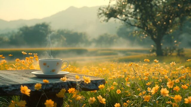 Morning Brews in Nature's Embrace. Coffee Cup Elation. Seamless looping 4k timelapse virtual video animation background generated AI