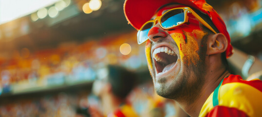 Excited spanish fan with face paint cheering at sports event with blurry stadium