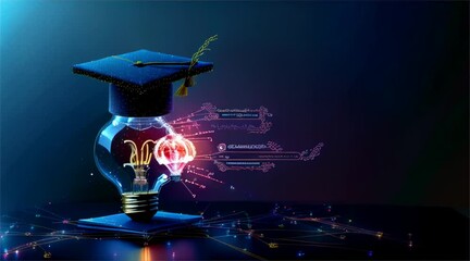 Imagine an image where a light bulb is placed on both a laptop and a book, symbolizing the fusion of traditional and digital education Surrounding these central elements are icons and objects represen