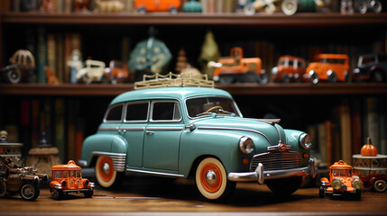Miniature toy car on a shelf, a charming and nostalgic decorative item, evoking a sense of playfulness and adventure - obrazy, fototapety, plakaty