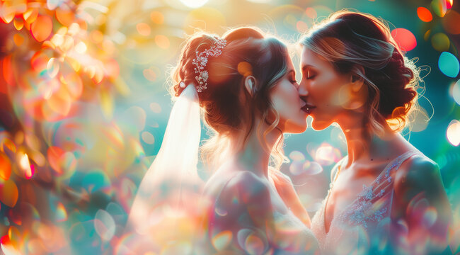 Lesbian couple sharing romantic wedding kiss to celebrate love and commitment
