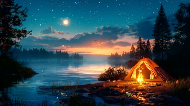 Camping at sunset in the mountains. Seamless looping time-lapse 4k video animation background