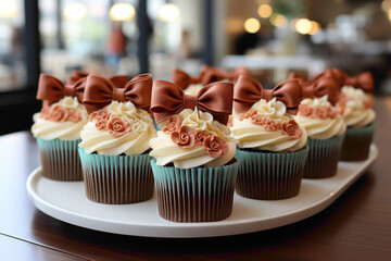 A charming paper cupcake wrapper featuring a bow tie detail on a dessert display