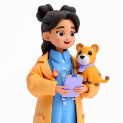 Female clay animation character wearing a veterinarian's coat with a cute animal beside her, on an isolated white background, FGenerative AI
