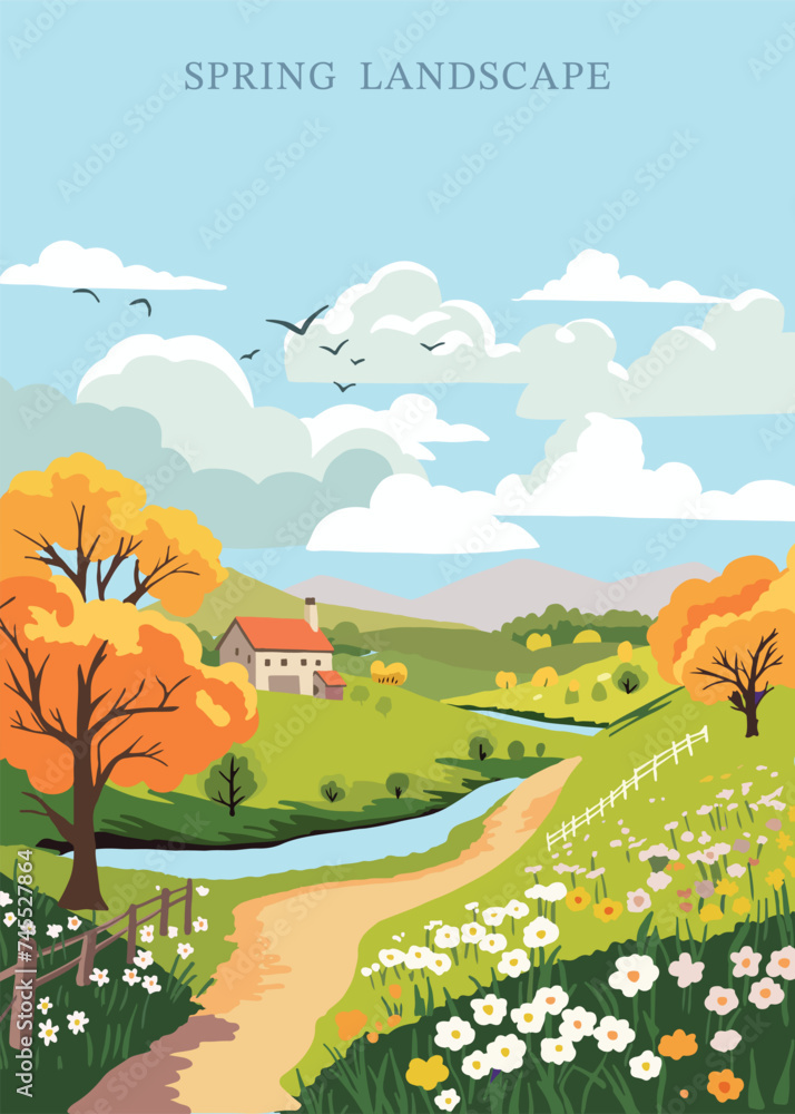 Poster spring landscape background with mountain and tree editable vector illustration for postcard,a4 vert