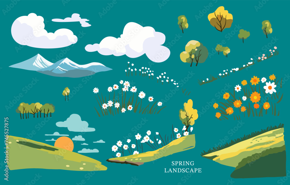 Poster spring landscape element set with mountain and tree editable vector illustration for graphic dedsign