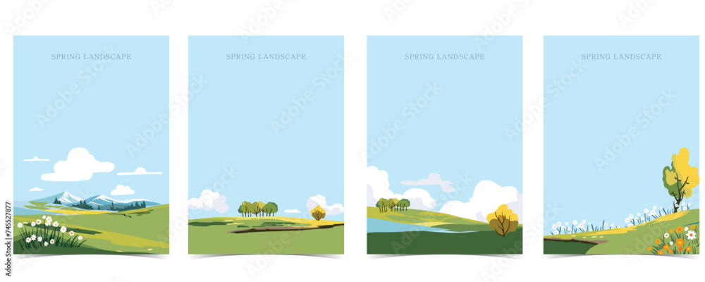 Poster spring landscape background with mountain and tree editable vector illustration for postcard,a4 vert