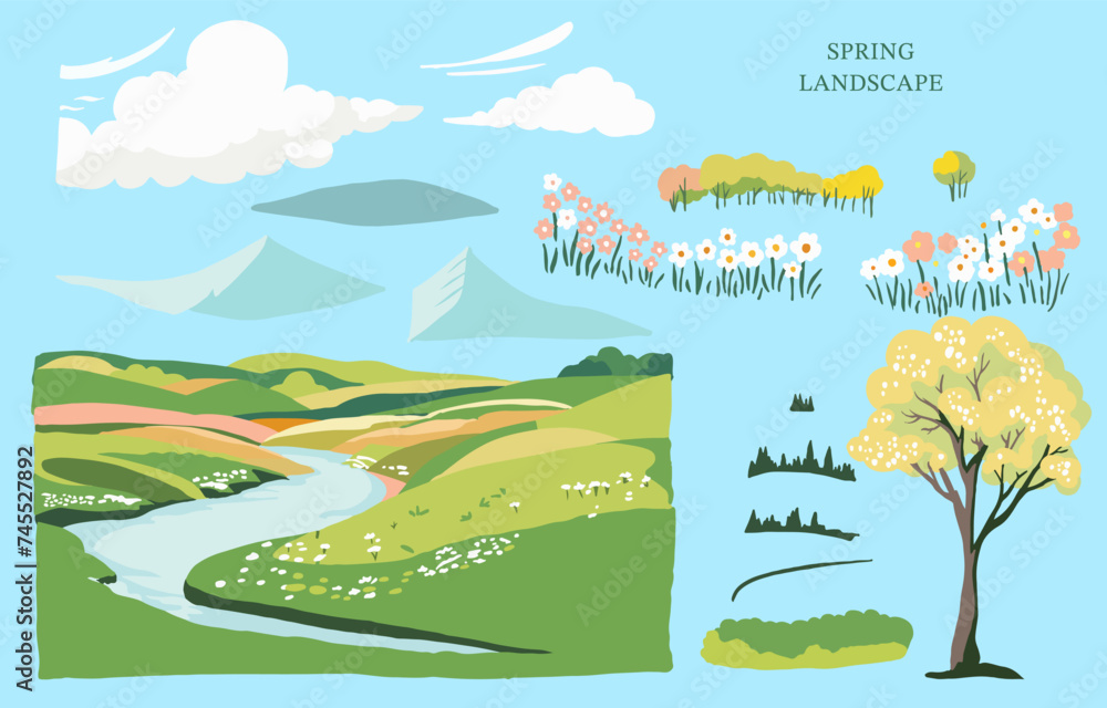 Wall mural spring landscape element set with mountain and tree editable vector illustration for graphic dedsign