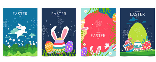 Collection of easter background set with rabbit and egg in garden Editable vector illustration for A4 vertical postcard - obrazy, fototapety, plakaty