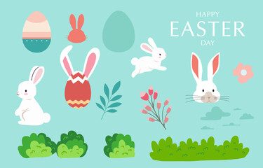 Collection of easter object set with rabbit and egg in garden Editable vector illustration for sticker postcard
