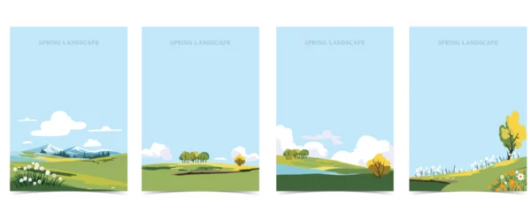 Fototapete Rund Hellblau Spring landscape background with mountain and tree Editable vector illustration for postcard,a4 vertical size  © piixypeach