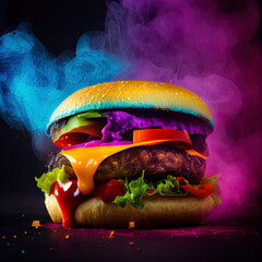 Hot beef burger in colorful smoke. AI generated.