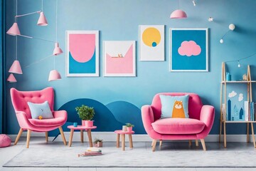 pink and blue living room with furniture