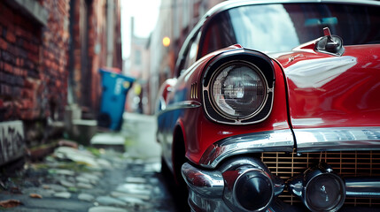 Foco detalhado em farol frontal de carro vintage vermelho estacionado em rua urbana rústica