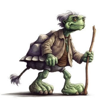 Old turtle using walking stick
