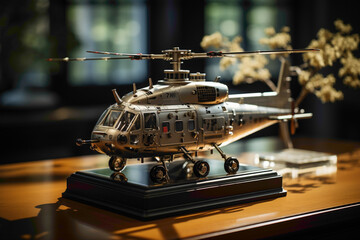 The miniature helicopter standing proudly on the table, with a lone tree beside it. The play of shadows adds depth to the scene, and the HD camera captures every nuance of the tiny details.