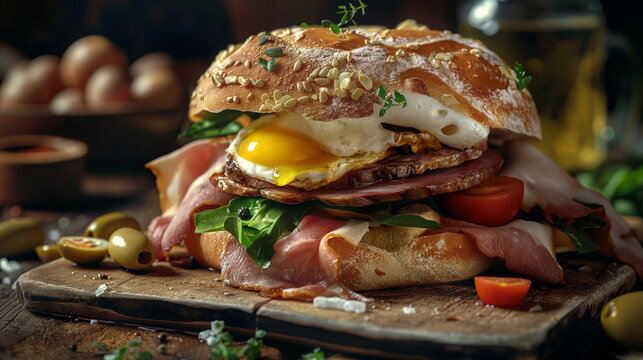 Close up of a chivito sandwich