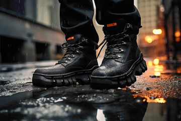 Close-up of a pair of rugged boots on a rain-slicked pavement, showcasing the resilience of the streetwear collection in urban environments.