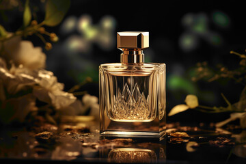 A high-end perfume flacon with liquid gold inside, catching the light in a way that emphasizes its luxury and sophistication. - obrazy, fototapety, plakaty