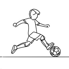 Fototapeta na wymiar Outline, graphic, vector, black and white one line drawing, child running after a soccer ball. The concept of the development of children's sports, harmonious growth and personal development
