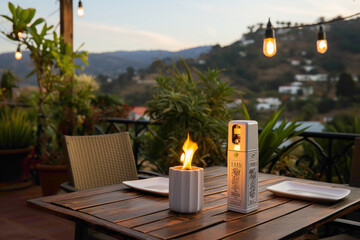 A disposable lighter on a patio table with a view of the outdoors