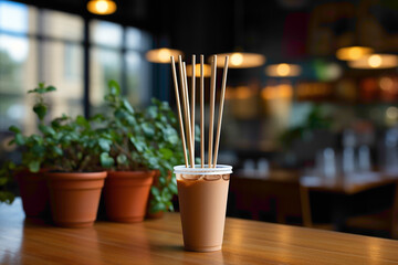 A commonplace disposable coffee stirrer on a cafe counter - obrazy, fototapety, plakaty