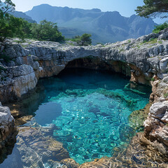 Naklejka premium Beautiful image of a lake naturally formed by the process of waves crashing on rocks, landscape, nature, sea, rocks, water, travel, exploration, mountains, trees, sky, clouds, AI-generated.