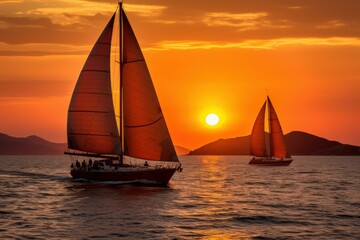 Pair sail boat sunset. Sport romantic. Generate Ai