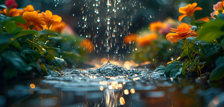Beautiful image of a flower garden in heavy rain, garden, flowers, nature, rain, water, colorful, AI-generated.