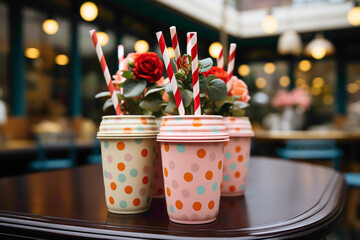 An endearing paper straw with a polka dot pattern in a colorful smoothie on a cafe table - obrazy, fototapety, plakaty