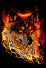 Hot burning wolf. AI render.