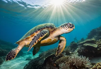 Fotobehang Sea turtle with sunburst in background underwater © orelphoto