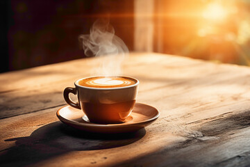 A steaming cup of espresso on a rustic wooden table, with morning sunlight casting a warm glow on the ceramic surface. - obrazy, fototapety, plakaty