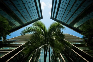 Fototapeta na wymiar Palm leaves front skyscraper lights. Office tree. Generate Ai