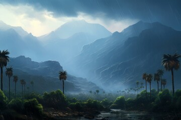 Verdant Tropical palm on mountain in rainy weather. Exotic natural tree on dark rain clouds view. Generate ai