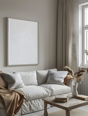 Mock up frame in luxury living room interior. White blank painting on the wall background. Wall Art.